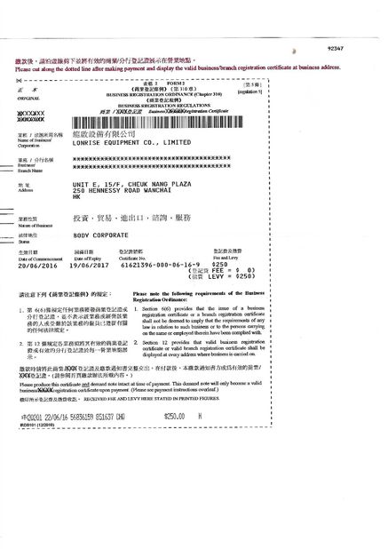 China LonRise Equipment Co. Ltd. Certification